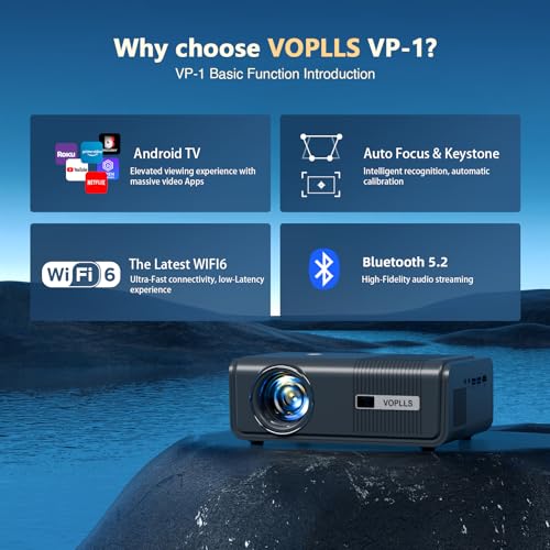 [Built-in Apps & Auto Focus/Keystone] 4K Smart Projector with WiFi and Bluetooth, VOPLLS 600ANSI Native 1080P Outdoor Projector, 50% Zoom Home Theater Movie Projector for Bedroom/iOS/Android/PPT