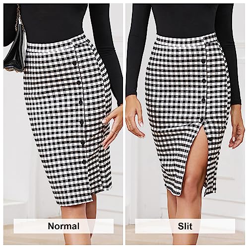 Byinns Women's 2024 High Waist Pencil Skirt Button Slit Work Skirts Plaid Business Bodycon Midi Skirt Knee Length