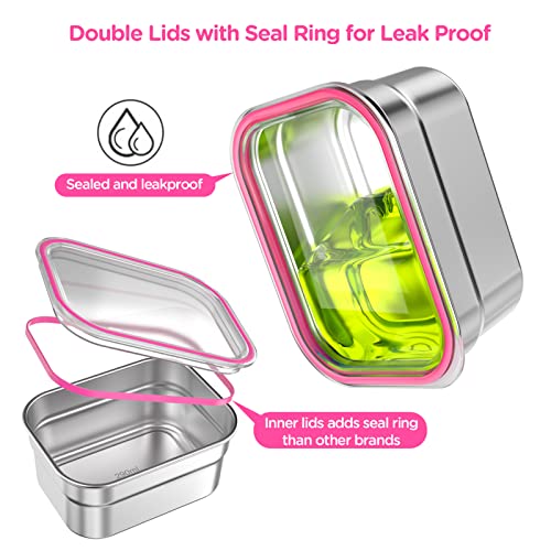 DaCool Stainless Steel Lunch Box Bento for Kids Adults Leakproof BPA-Free Metal Lunch Containers Tray 5-Compartment with Fork for Girls Food Snack Containers for School Outdoors, Pink