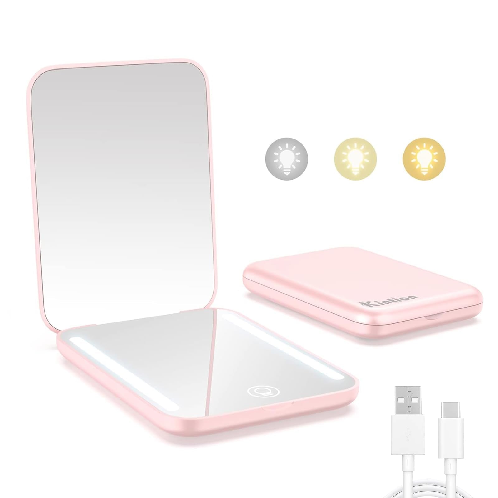 Kintion Rechargeable Pocket Mirror, Double Sided 1X/3X Magnification Compact Vanity Mirror, 3 Color Lights, Dimmable, Small Portable Wallet Mirror, Lighted Travel Mirror for Women Gifts, Pink