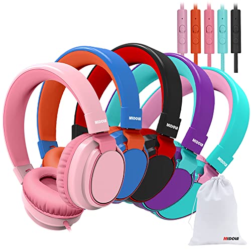 MIDOLA 5 Pack Kids Headphone Wired Inline Over-Ear/On-Ear Foldable Headset with AUX 3.5mm Cord w/Mic Volume Limited 85/110dB for Child School Cellphone Pad Notebook Bluk Mixed Color