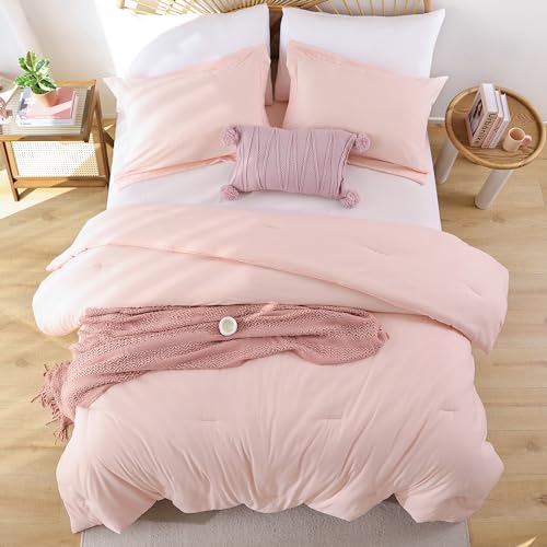 JANZAA Queen Comforter Set with Sheets 7 Piece Comforter Set Queen Bed in a Bag Pink Comforter with Microfiber Bed Pillow Cases Pillow Shams Fitted Flat Sheet Soft Blush Bedding Set All Season