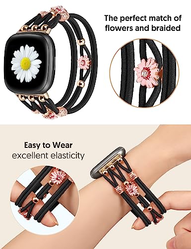 Floral Bracelet Compatible with Fitbit Versa 4/Versa 3/Sense 2/Sense Band Women Girls, TOYOUTHS Boho Beaded Braided Daisy Flower Strap Elastic Stretchy Nylon Cute Fancy Charms Breathable Wristband, XS