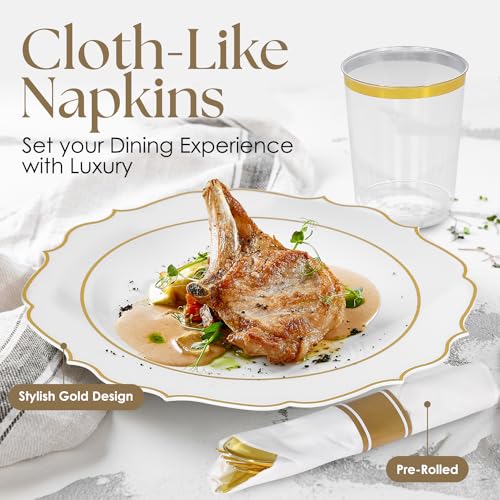 Elegant Gold Plastic Dinnerware Set (350 Pcs) - Includes 50 Dinner Plates, 50 Dessert Plates, 50 Napkins, 50 Cups & Gold Silverware. Ideal for Weddings, Parties & Events. (Modern)