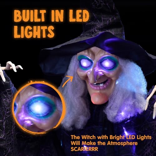 JOYIN 72” Hanging Witch Decor Halloween Decorations Indoor, Talking Halloween Witch on Broom Light Up Witch Decoration Purple Eyes Sound Activation Haunted House Party Supplies Prop Décor Modern