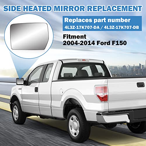 Driver Left Side Heated Mirror Glass Compatible with 2004-2014 Ford F150 - Exterior Side Rearview Convex Mirror w/backing Holder - Replace# 4L3Z-17K707-DB
