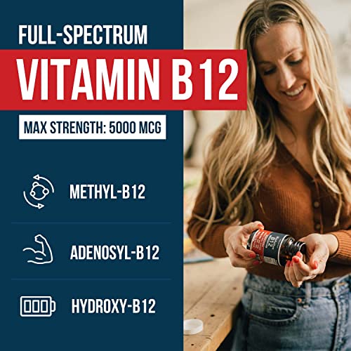 BioActive Vitamin B12 - 5000 mcg, Contains 3 BioActive B12 Forms Plus Methylfolate Cofactor - Methyl B12, Adenosyl B12 & Hydroxy B12 | Supports Energy, Metabolism & Mood | Vegan, Non-GMO (60 Servings)