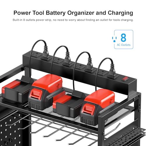 CCCEI Garage Power Tools Organizer Cart with Charging Station, Black Floor Standing Rolling Drill and Tools Battery Storage Cart on Wheels. Black Utility Rack Gift for Men, Husband, Father.