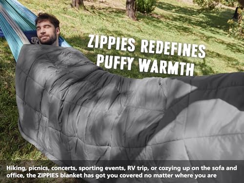 ZIPPIES 3M Thinsulate Insulation Puffy Camping Blanket for Cold Weather, Warm & Packable Camping Quilt with Zipper, Waterproof Outdoor Blanket for Hammock, Travel, Stadium, Gray