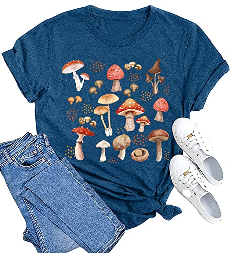 MAIHUN Mushrooms Shirts for Women Mycology Tshirt Fungi Lover Tee Mushroom Graphic Short Sleeve Blue