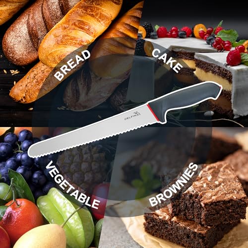 DELFINA 10 inch Bread Knife For Homemade Bread Sourdough W/Softgrip, Serrated Bread Knife Wave Edge W/Sheath For Crusty Breads, Cake, Bagel, Dishwasher Safe