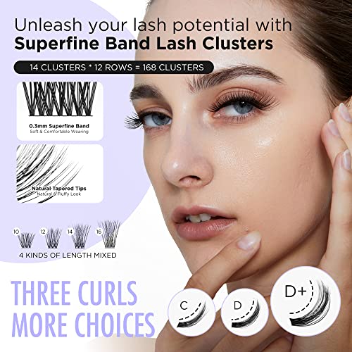 BEYELIAN Cluster Lashes C Curl 144 Pcs Individual Mega Lash Clusters False Eyelashes Extension Natural Look Reusable Glue Bonded Black Super Thin Band Mix DIY Eyelash Extension Style719