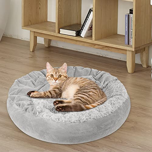 JOEJOY Small Dog Bed Cat Bed with Hooded Blanket, Cozy Cuddler Luxury Puppy Pet Bed, Donut Round Calming Anti-Anxiety Dog Burrow Cave Bed - Anti-Slip Bottom and Machine Washable 23 inch