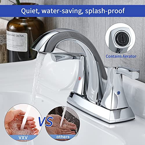 VXV Chrome Bathroom Faucet, 2 Handles Low Arc Bathroom Sink Faucets, 4 Inch Centerset Bath Lavatory Faucets with Pop-up Drain & Supply Lines (CP)