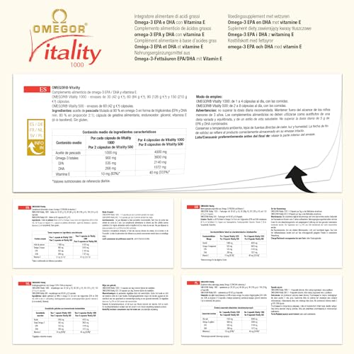 OMEGOR® Vitality 1000 with 90% Omega-3 TG! IFOS 5-Star Certified Since 2006. EPA 535mg and DHA 268mg per 2 Capsules. Minimum 90% Triglyceride Structure and Molecular Distillation | 60 Capsules