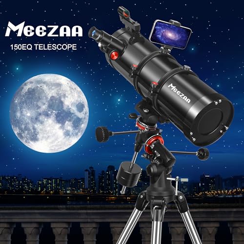 MEEZAA Telescope, 150EQ Reflector Telescope for Adults Astronomy Beginners, Manual Equatorial Professional Telescopes Astronomy with 2X Barlow Lens, Phone Adapter, Adjustable Tripod and Moon Filter