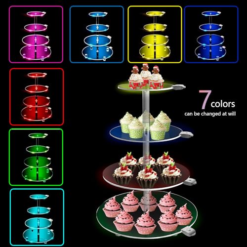 YLSMILE 4 Tier Round Cupcake Stand with LED, Acrylic Tower Display, Premium Holder Dessert Tree Tower for Wedding Birthday Baby Shower Tea Party (1pcs)