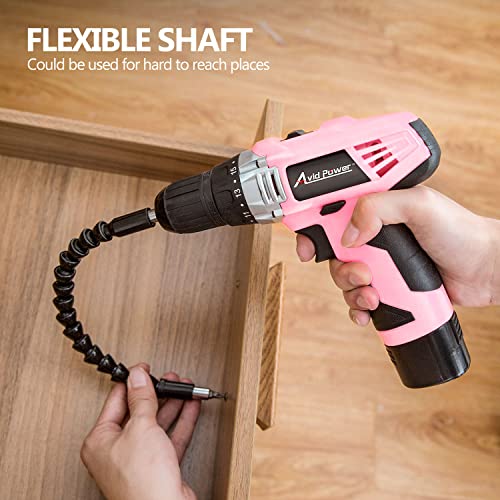 AVID POWER Cordless Drill Pink, 12V Power Drill Set with 22pcs Impact Driver Bits, 2 Variable Speed, 3/8'' Keyless Chuck, 15+1 Torque Setting (Pink)
