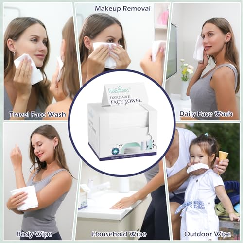 PureSoftness Disposable Face Towel, 100% Cotton, 80 Count, Extra Large 12" x 10", Soft Dry Wipe for Face Wash, Makeup Remover, Bio-Based Towelette for Sensitive Skin (1 Pack)