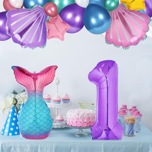 7pcs Mermaid 1st Birthday Decoration, Mermaid 1st Balloons Mermaid Theme Party Supplies Mermaid Tail Balloons Seashell Balloons 1st Birthday Balloons Mermaid Tail Sea Shell Foil Balloons for Girls