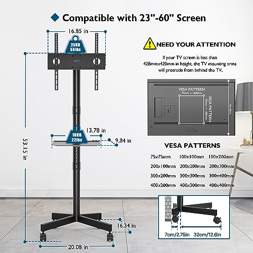 BONTEC Mobile TV Stand, Rolling TV Stand for 23-60 Inch Screens, Adjustable Floor TV Stand with Locking Wheels and Media Shelf, Compatible with VESA 75x75mm to 400x400mm, Holds up to 88 lbs, Black