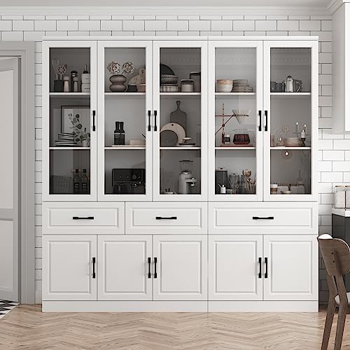 Hitow Tall Bookshelf with Glass Doors & Drawers, 2 Piece Large Storage Cabinet Set, Home Office Bookcase with Doors, Glass Display Cabinet for Living Room, White (78.7" W x 15.7" D x 78.9" H)