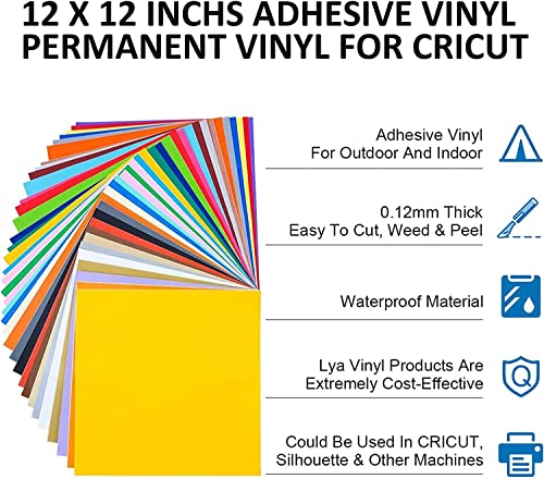 Lya Vinyl Permanent Vinyl for Cricut,125 Pack 12"x12" Self Adhesive Vinyl Sheets,Permanent Outdoor Vinyl for Party Decoration, Sticker, DIY Mug, Car Decal