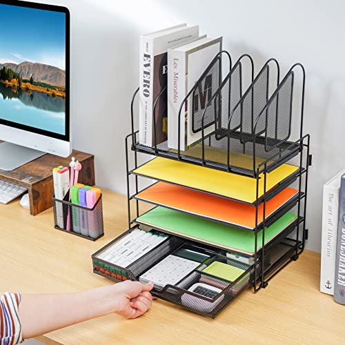 Lavatino 5 Tier Desk File Organizer, Letter Tray Paper Organizer with Pen Holders, Office Supplies Desk Accessories & Workspace with Sliding Drawers, Desk File Holder for Office, School, Home, Black