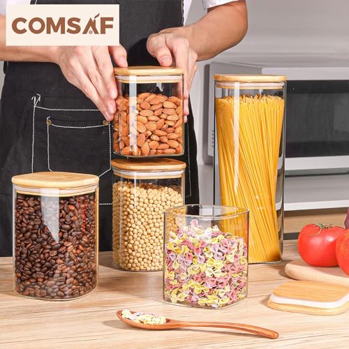 ComSaf 44oz Glass Storage Containers with Lids, Glass Jars with Lids, Clear Food Storage Jar, Square Glass Canister Set of 3, Pantry Organizers and Storage for Flour Oat Pasta Tea Cookie Coffee Bean