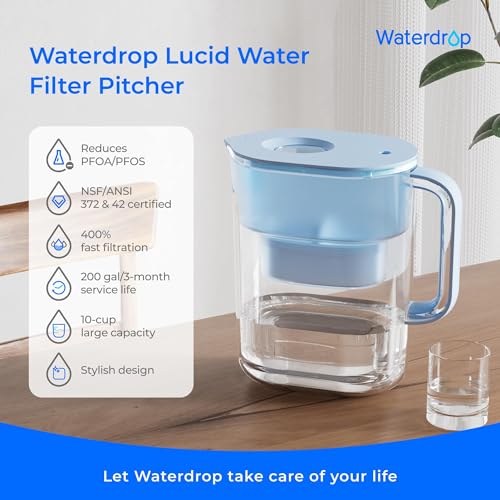 Waterdrop 200-Gallon Long-Life Chubby 10-Cup Large Water Filter Pitcher with 1 Filter, NSF Certified, 5X Times Lifetime, Reduces PFOA/PFOS, Chlorine, BPA Free, Blue