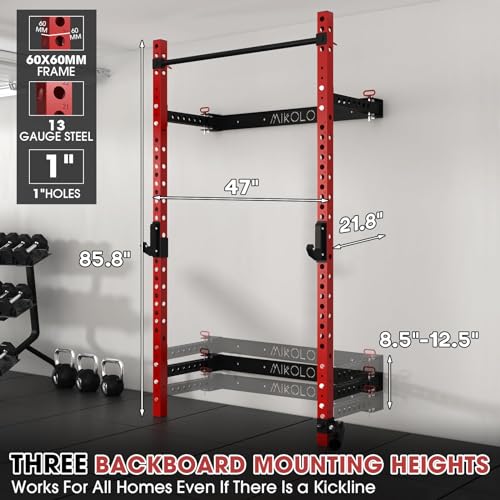 Mikolo 2" x 2" Folding Wall Mounted Squat Rack, 1000 Pounds Capacity Power Rack with Pull Up Bar, J Hooks, Landmine and Other Attachments, Space-Saving Home Gym(Black）