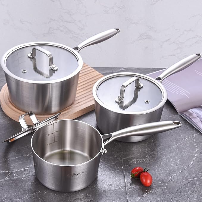 LOLYKITCH Whole Body Tri-Ply Stainless Steel Saucepan Set with Lids,1QT & 2QT,Induction Cooking Pots,Saucepans,Pots and Pans Set,Oven and Dishwasher Safe.