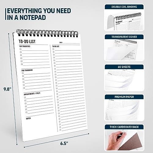 To Do List Notepad 8.5x11" - Has Multiple Functional Sections - Large Size, 52 Sheets - Spiral Daily Planner Notebook - Task Checklist Organizer Agenda Pad for Work, Note and Todo Organization