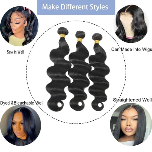 Oxcart 12A Human Hair Bundles 24 26 28 Inch Body Wave Bundles Human Hair Brazilian Hair 3 Bundles Human Hair for Women Human Hair Weave Extensions Natural Color