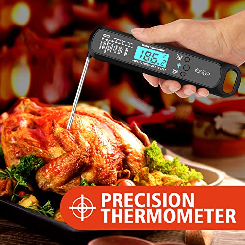 Venigo Digital Meat and Food Thermometer for Cooking and Grilling, Waterproof Instant-Read Cooking Thermometer, Kitchen Probe Thermometer for Baking, Roasting, Smoking, Deep Frying (Black)