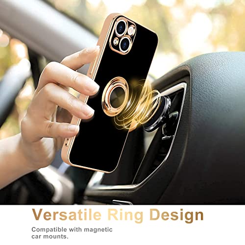 Urarssa for iPhone 15 Case with Stand 360° Rotatable Ring Holder Magnetic [with 2 Screen Protector] Kickstand Gold Plating for Women Men Shockproof Protective Phone Case Cover for iPhone 15, Black