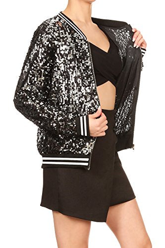 Anna-Kaci Womens Sequin Jacket Bomber Coat 1989 Slitter Outfit For Concert Party, Royal Blue, Medium