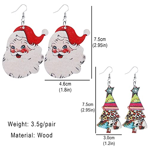 Taouzi 4 Pairs Christmas Earrings for Women Painted Wooden Christmas Earrings Cute Santa Claus Christmas Tree Teardrop Dangle Earrings Christmas Gift for Women
