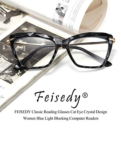 FEISEDY Crystal Cat Eye Reading Glasses Blue Light Blocking Reader Anti Eyestrain Glasses B2596 Black 1.00x