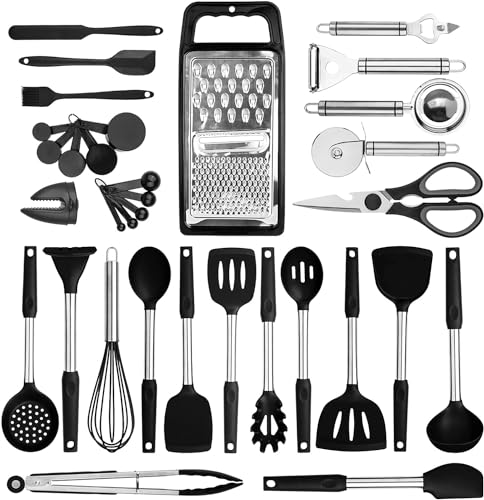 Kitchen Utensil Set-Silicone Cooking Utensils-46 Kitchen Gadgets & Spoons for Nonstick Cookware-Silicone and Stainless Steel Spatula Set-Best Kitchen Tools, Useful Pots and Pans Accessories