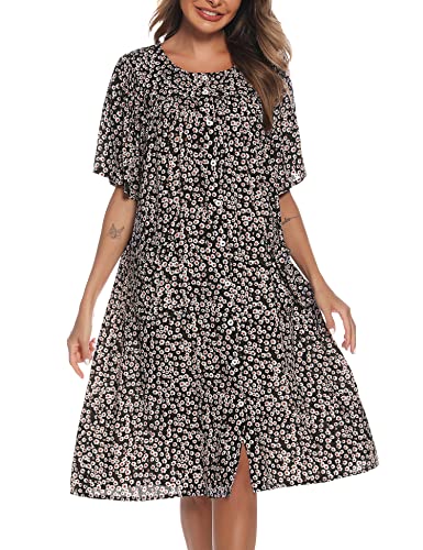 COSUNIONY House Dresses for Women Cotton Short Sleeve House Coat Buttons Down Dusters Robe with Pockets (Tie dye Navy, Medium…