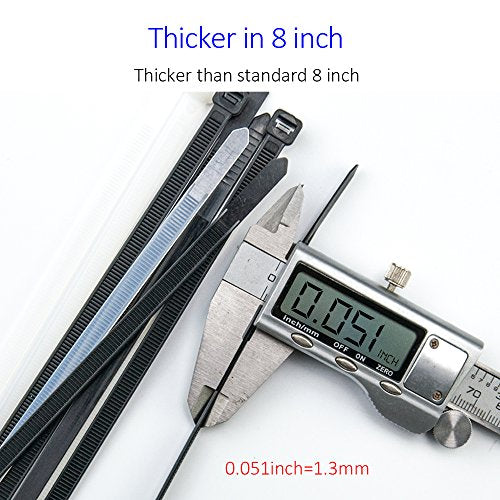 Cable Zip Ties Heavy Duty 8 Inch, Ultra Strong Plastic Wire Ties with 80 Pounds Tensile Strength, 100 Pieces, Nylon Tie Wraps with 0.24 Inch/6mm Width in Black & White, Indoor and Outdoor UV Resistant