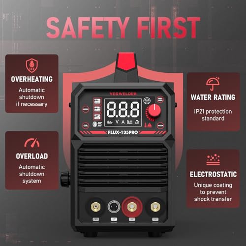 YESWELDER 135Amp MIG Welder,110V Flux Core Welder Flux MIG/Lift TIG/Stick 3-in-1 Large LED Digital Display Welding Machine IGBT Inverter Welder FLUX-135PRO