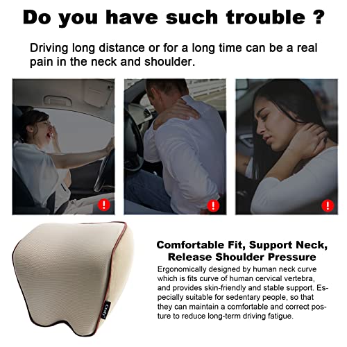 Crofy 2 Pack Car Neck Pillow, Softness Car Headrest Pillow for Driving with Adjustable Strap, 100% Memory Foam and Breathable Removable Cover, Comfortable Ergonomic Design (Beige)