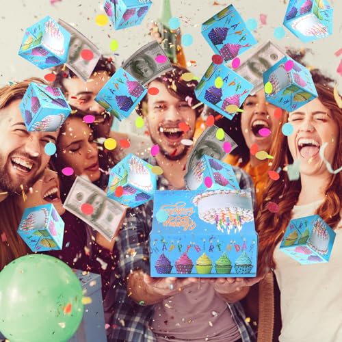 BABORUI Birthday Surprise Box Gift Box for Money, Happy Birthday Surprise Gift Box Explosion with Confetti, Seeroze Exploding Gift Box for Men Women Kids(Blue Birthday)