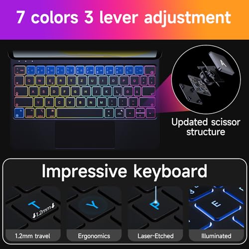 HOU iPad Pro 11 Inch Case with Keyboard M4 2024(ONLY),Magic Keyboard iPad Pro 11 Inch (5th Gen) Keyboard Case for iPad Pro (M4) 11-inch,Multi-Touch Trackpad,7 Colors Backlight,Easy-Set,Black