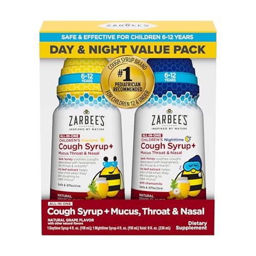 Zarbee's Kids All-in-One Day/Night Cough Value Pack for Children 6-12 with Dark Honey, Turmeric, B-Vitamins & Zinc, 1 Pediatrician Recommended, Drug & Alcohol-Free, Grape Flavor, 4FL Oz (Pack of 2)