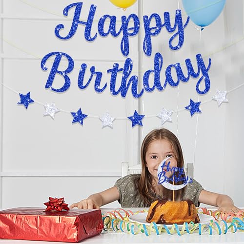 Blopee Large Happy Birthday Banner, Blue Happy Birthday Banner for Men/Women, Blue Happy Birthday Sign for Backdrop, Blue and Silver Happy Birthday Banner for Royal Blue Happy Birthday Decorations