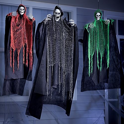 JOYIN 3 Pcs Halloween Hanging Grim Reapers, one 63” Two 47” Grim Reapers, Halloween Skeleton Flying Ghost for Halloween Outdoor Decoration, Haunted Haunted House Prop, Halloween Party Supplies Decor