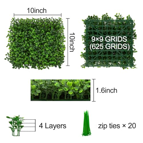 Hengu Artificial Green Grass Wall Panels,12 Pack 10" x 10" Lush Wall Hedge Backdrop Greenery - Faux Privacy Fence Decoration with 20 Zip Ties for Indoor Outdoor Garden, Wedding Decor